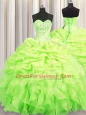Romantic Yellow Green Ball Gowns Beading and Ruffles and Pick Ups Quince Ball Gowns Lace Up Organza Sleeveless Floor Length