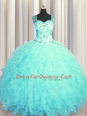 Beauteous See Through Zipper Up Square Sleeveless Zipper Quinceanera Gowns Aqua Blue Tulle