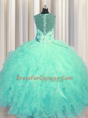 Beauteous See Through Zipper Up Square Sleeveless Zipper Quinceanera Gowns Aqua Blue Tulle