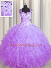 See Through Zipper Up Floor Length Zipper Quinceanera Dresses Purple for Military Ball and Sweet 16 and Quinceanera with Beading and Ruffles