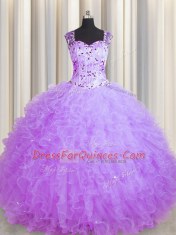 See Through Zipper Up Floor Length Zipper Quinceanera Dresses Purple for Military Ball and Sweet 16 and Quinceanera with Beading and Ruffles