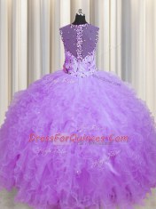 See Through Zipper Up Floor Length Zipper Quinceanera Dresses Purple for Military Ball and Sweet 16 and Quinceanera with Beading and Ruffles