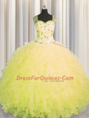 See Through Zipper Up Floor Length Ball Gowns Sleeveless Yellow Sweet 16 Dress Zipper