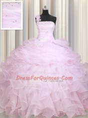 One Shoulder Baby Pink Sleeveless Floor Length Beading and Ruffles Zipper Quinceanera Dresses