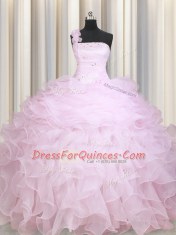 One Shoulder Baby Pink Sleeveless Floor Length Beading and Ruffles Zipper Quinceanera Dresses