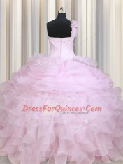 One Shoulder Baby Pink Sleeveless Floor Length Beading and Ruffles Zipper Quinceanera Dresses