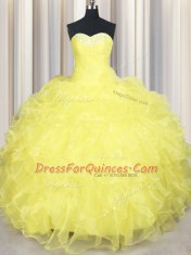 Smart Yellow Sweetheart Lace Up Beading and Ruffles Quinceanera Gown Sleeveless