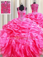 Fabulous Pick Ups Straps Sleeveless Zipper 15 Quinceanera Dress Hot Pink Organza