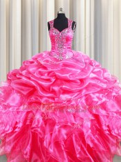 Fabulous Pick Ups Straps Sleeveless Zipper 15 Quinceanera Dress Hot Pink Organza