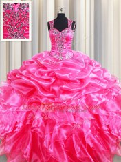 Fabulous Pick Ups Straps Sleeveless Zipper 15 Quinceanera Dress Hot Pink Organza