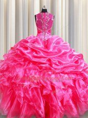 Fabulous Pick Ups Straps Sleeveless Zipper 15 Quinceanera Dress Hot Pink Organza