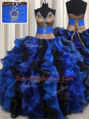 Blue And Black Sleeveless Organza Lace Up Quince Ball Gowns for Military Ball and Sweet 16 and Quinceanera