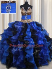 Blue And Black Sleeveless Organza Lace Up Quince Ball Gowns for Military Ball and Sweet 16 and Quinceanera
