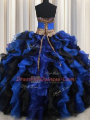 Blue And Black Sleeveless Organza Lace Up Quince Ball Gowns for Military Ball and Sweet 16 and Quinceanera