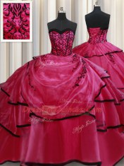 Flare Floor Length Red Quince Ball Gowns Satin Sleeveless Beading and Appliques and Ruffled Layers