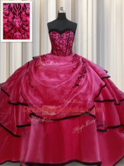 Flare Floor Length Red Quince Ball Gowns Satin Sleeveless Beading and Appliques and Ruffled Layers