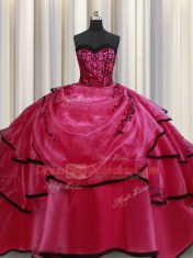 Flare Floor Length Red Quince Ball Gowns Satin Sleeveless Beading and Appliques and Ruffled Layers