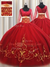 Square Red Ball Gowns Beading and Embroidery Sweet 16 Dresses Zipper Tulle Long Sleeves Floor Length