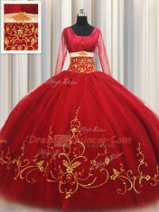 Square Red Ball Gowns Beading and Embroidery Sweet 16 Dresses Zipper Tulle Long Sleeves Floor Length