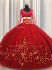 Square Red Ball Gowns Beading and Embroidery Sweet 16 Dresses Zipper Tulle Long Sleeves Floor Length