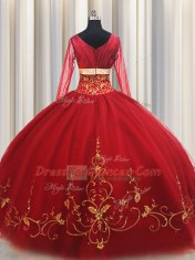 Square Red Ball Gowns Beading and Embroidery Sweet 16 Dresses Zipper Tulle Long Sleeves Floor Length
