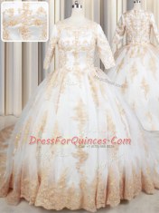 Scoop Ball Gowns Half Sleeves White Sweet 16 Quinceanera Dress Court Train Zipper