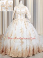 Scoop Ball Gowns Half Sleeves White Sweet 16 Quinceanera Dress Court Train Zipper