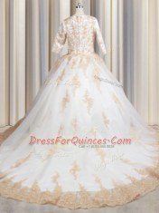 Scoop Ball Gowns Half Sleeves White Sweet 16 Quinceanera Dress Court Train Zipper