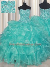 New Style Floor Length Turquoise Quinceanera Dresses Organza Sleeveless Beading and Ruffles