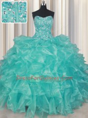 New Style Floor Length Turquoise Quinceanera Dresses Organza Sleeveless Beading and Ruffles