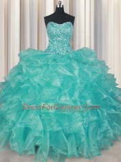 New Style Floor Length Turquoise Quinceanera Dresses Organza Sleeveless Beading and Ruffles