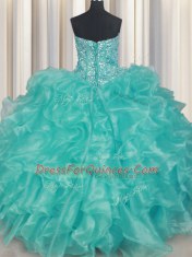 New Style Floor Length Turquoise Quinceanera Dresses Organza Sleeveless Beading and Ruffles