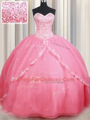 Glamorous Watermelon Red Sweetheart Lace Up Beading and Appliques 15 Quinceanera Dress Brush Train Sleeveless