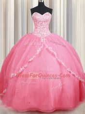 Glamorous Watermelon Red Sweetheart Lace Up Beading and Appliques 15 Quinceanera Dress Brush Train Sleeveless
