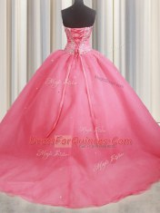 Glamorous Watermelon Red Sweetheart Lace Up Beading and Appliques 15 Quinceanera Dress Brush Train Sleeveless