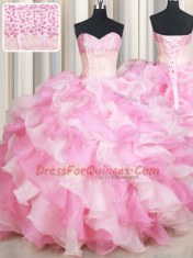 Discount Sweetheart Sleeveless Lace Up Quince Ball Gowns Pink And White Organza