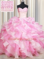 Discount Sweetheart Sleeveless Lace Up Quince Ball Gowns Pink And White Organza