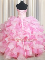 Discount Sweetheart Sleeveless Lace Up Quince Ball Gowns Pink And White Organza