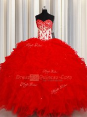 Sexy Red Sweetheart Neckline Beading and Appliques and Ruffles and Sequins Ball Gown Prom Dress Sleeveless Lace Up