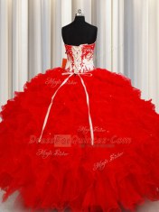 Sexy Red Sweetheart Neckline Beading and Appliques and Ruffles and Sequins Ball Gown Prom Dress Sleeveless Lace Up