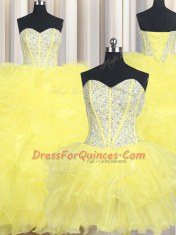 Customized Three Piece Sweetheart Sleeveless Organza Quinceanera Dress Beading and Ruffles Lace Up