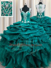 Affordable Straps Teal Sleeveless Beading and Ruffles and Pick Ups Floor Length Ball Gown Prom Dress