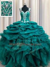 Affordable Straps Teal Sleeveless Beading and Ruffles and Pick Ups Floor Length Ball Gown Prom Dress