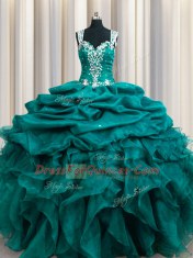 Affordable Straps Teal Sleeveless Beading and Ruffles and Pick Ups Floor Length Ball Gown Prom Dress