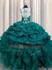 Affordable Straps Teal Sleeveless Beading and Ruffles and Pick Ups Floor Length Ball Gown Prom Dress
