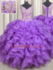 Perfect Floor Length Purple 15 Quinceanera Dress Organza Sleeveless Beading and Appliques and Ruffles