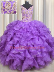 Perfect Floor Length Purple 15 Quinceanera Dress Organza Sleeveless Beading and Appliques and Ruffles