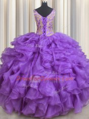 Perfect Floor Length Purple 15 Quinceanera Dress Organza Sleeveless Beading and Appliques and Ruffles