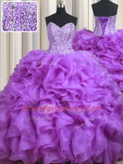 Hot Selling Organza Sweetheart Sleeveless Sweep Train Lace Up Beading and Ruffles 15th Birthday Dress in Lilac