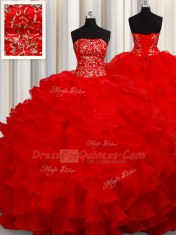 Popular Red Ball Gowns Organza Strapless Sleeveless Beading and Embroidery and Ruffles Floor Length Lace Up Sweet 16 Dresses